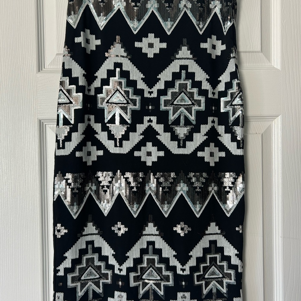 Express Black Pencil Skirt with Silver Sequin Geometric Pattern